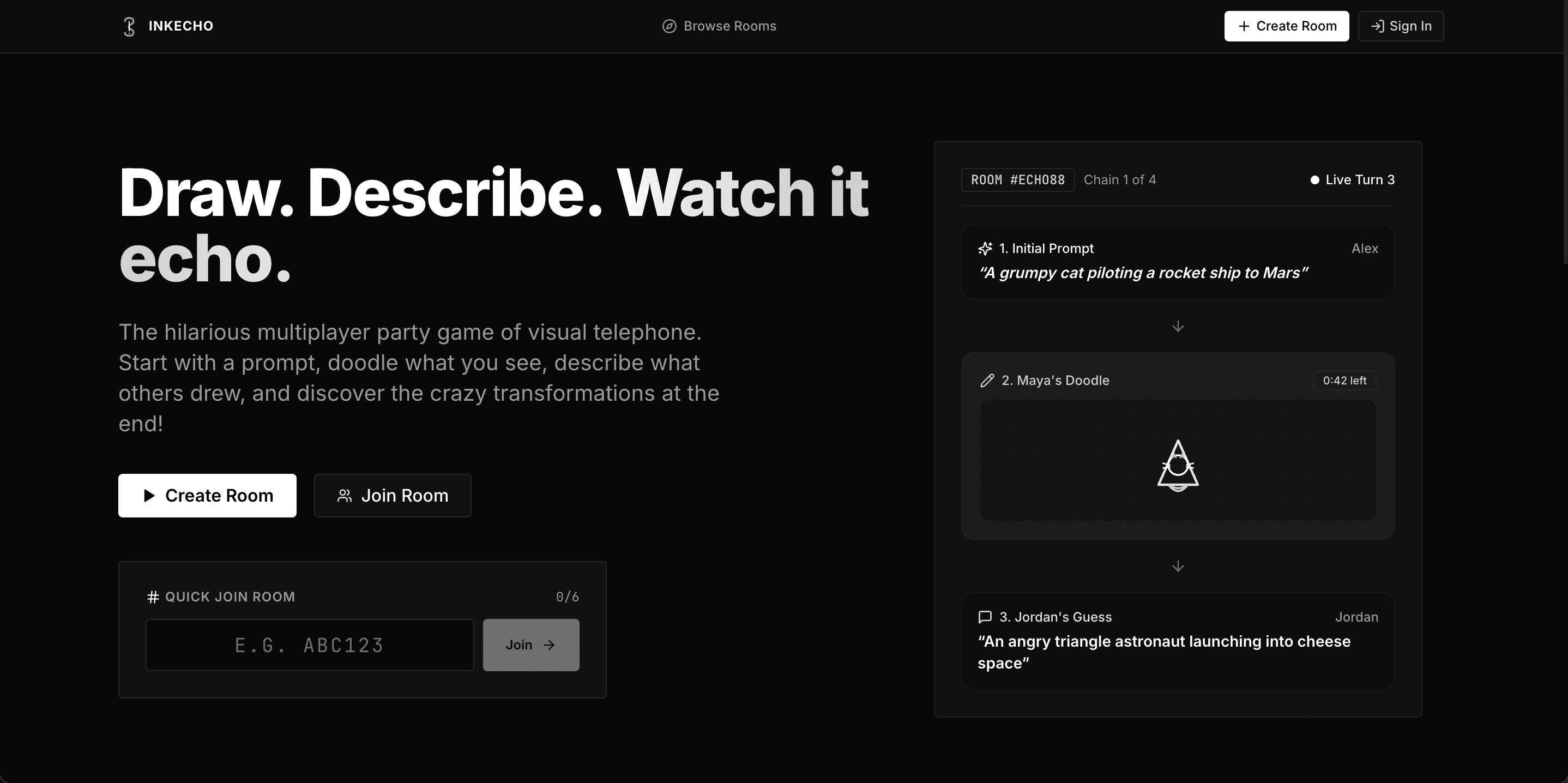 InkEcho realtime multiplayer drawing canvas, turn rotation state machine, and cinematic reveal carousel