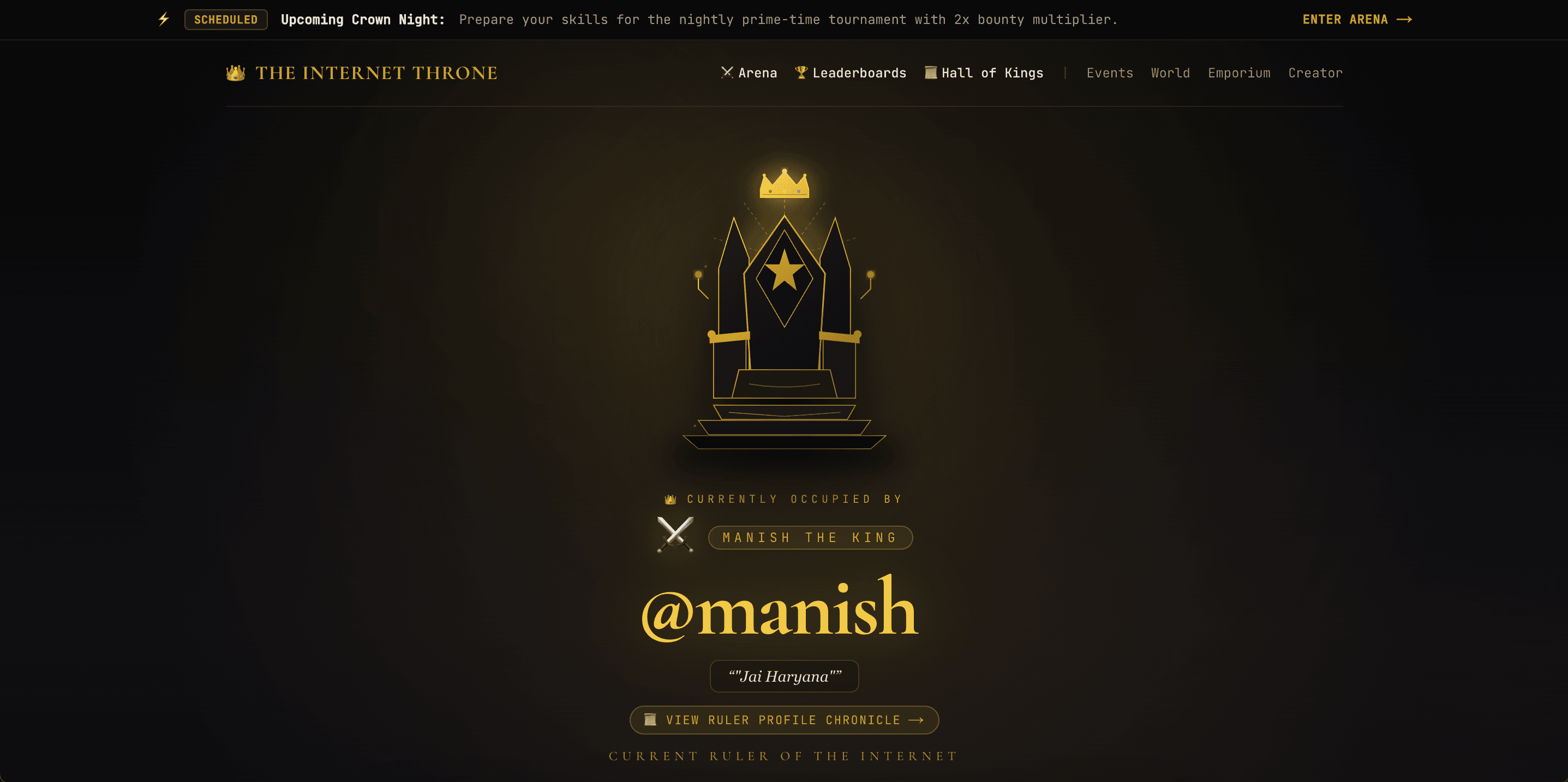 The Internet Throne live monarch visualizer, real-time battle arena, and Hall of Kings historical archive