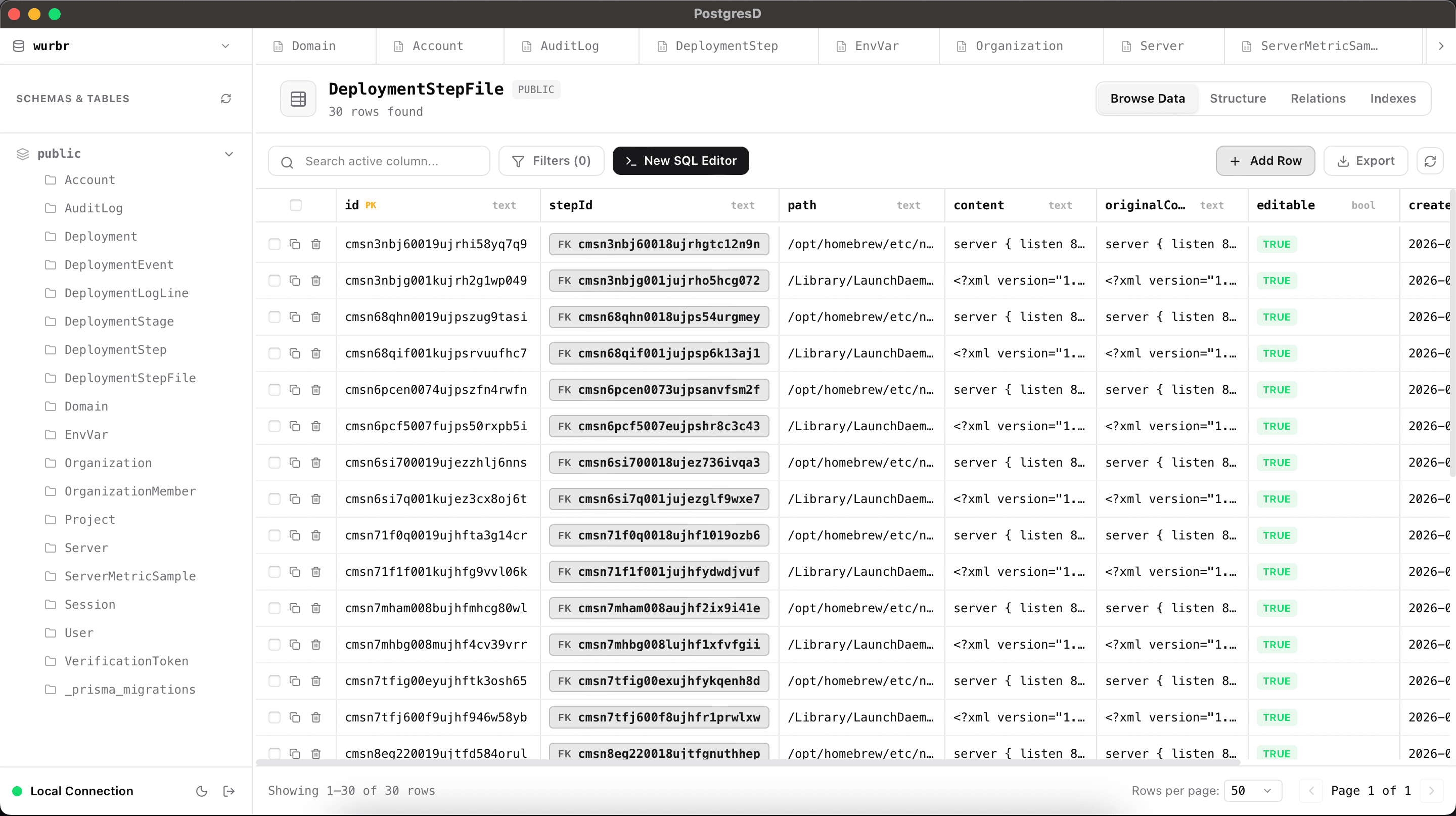 PostgresD desktop database studio interface, Prisma Studio-style relational navigation, and virtualized data grid