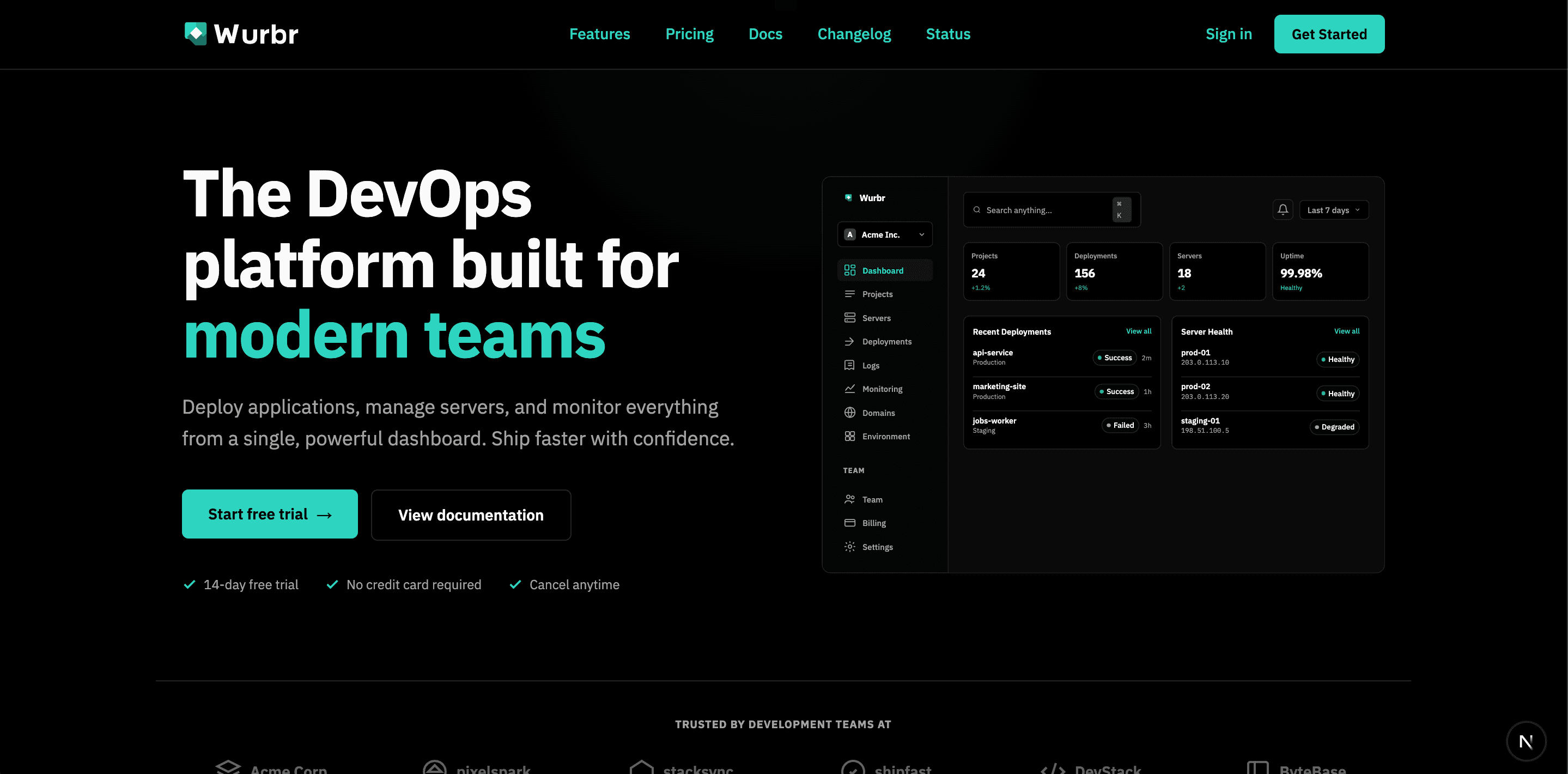 Wurbr autonomous deployment and operations platform dashboard, real-time log streaming, and VPS infrastructure manager